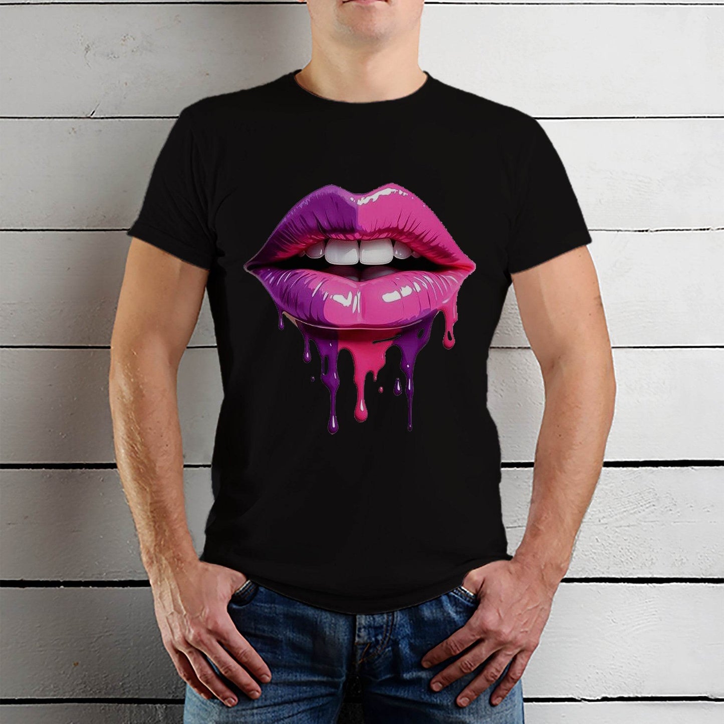 Purple and pink lips with a dripping liquid - Unisex Round Neck Regular Fit 100% Combed Cotton Half Sleeve T-Shirt - Mojilo Mart