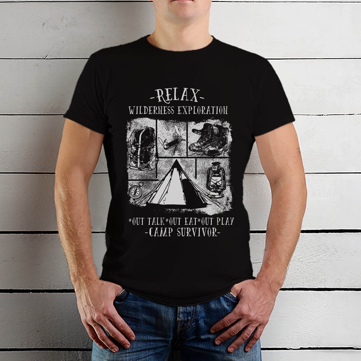 RELAX WILDERNESS EXPLORATION OUT TALK OUT EAT OUT PLAY CAMP SURVIVOR - Unisex Round Neck Regular Fit 100% Combed Cotton Half Sleeve T-Shirt - Mojilo Mart