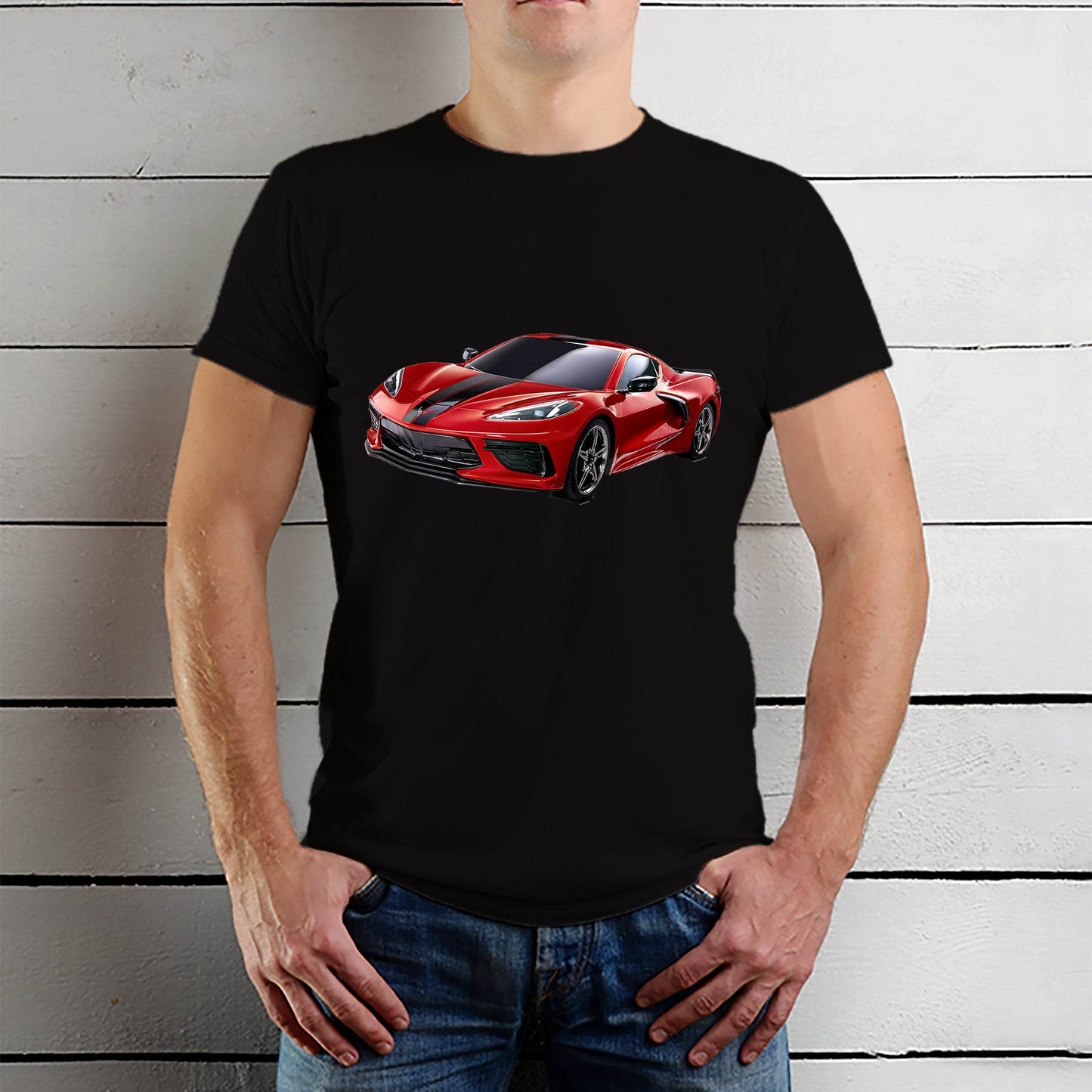 Red Chevy 'Vette C8 Mid Engine - Unisex Round Neck Regular Fit 100% Combed Cotton Half Sleeve T-Shirt - Mojilo Mart