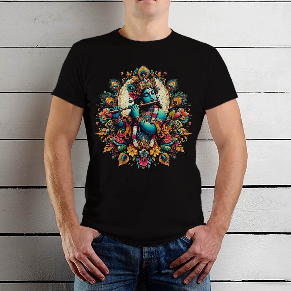 Serene Krishna Art Work - Unisex Round Neck Regular Fit 100% Combed Cotton Half Sleeve T-Shirt - Mojilo Mart