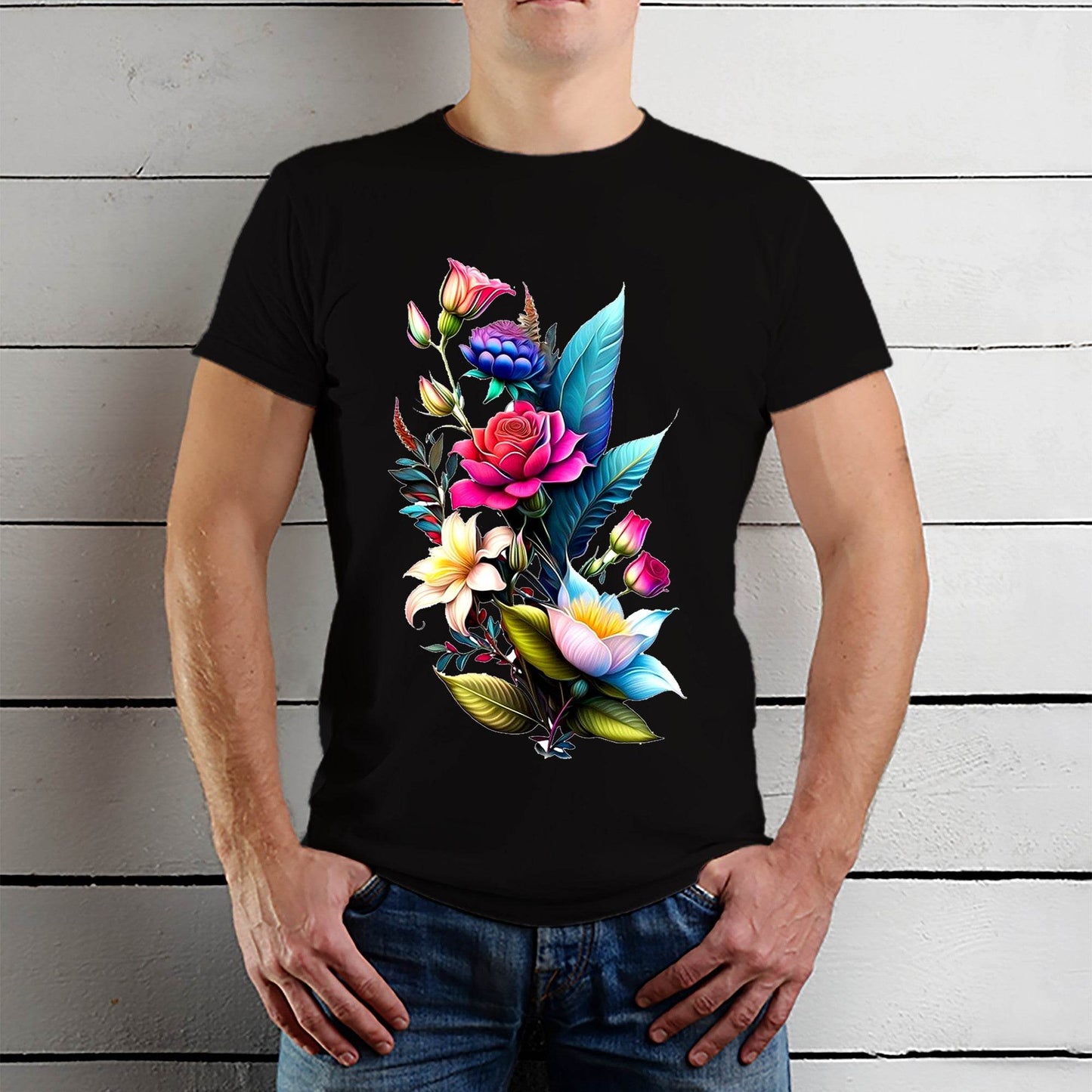 White Roses Peach Roses Purple Roses Floral Flower - Unisex Round Neck Regular Fit 100% Combed Cotton Half Sleeve T-Shirt - Mojilo Mart