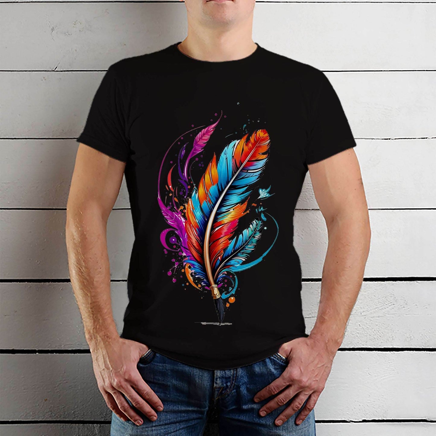 Feather pen drawing a colorful line Photographic - Unisex Round Neck Regular Fit 100% Combed Cotton Half Sleeve T-Shirt - Mojilo Mart