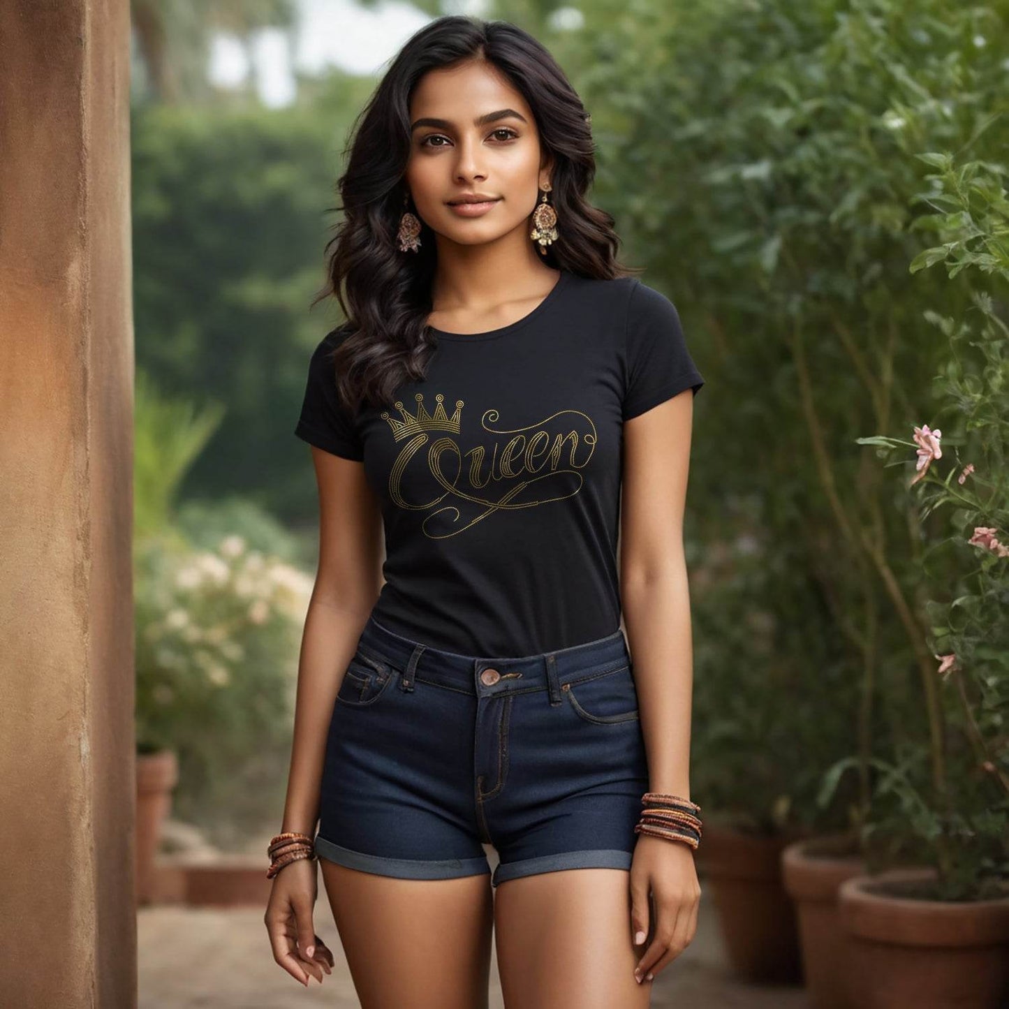GOLD SPANGLE CROWN QUEEN - Unisex Round Neck Regular Fit 100% Combed Cotton Half Sleeve T-Shirt - Mojilo Mart