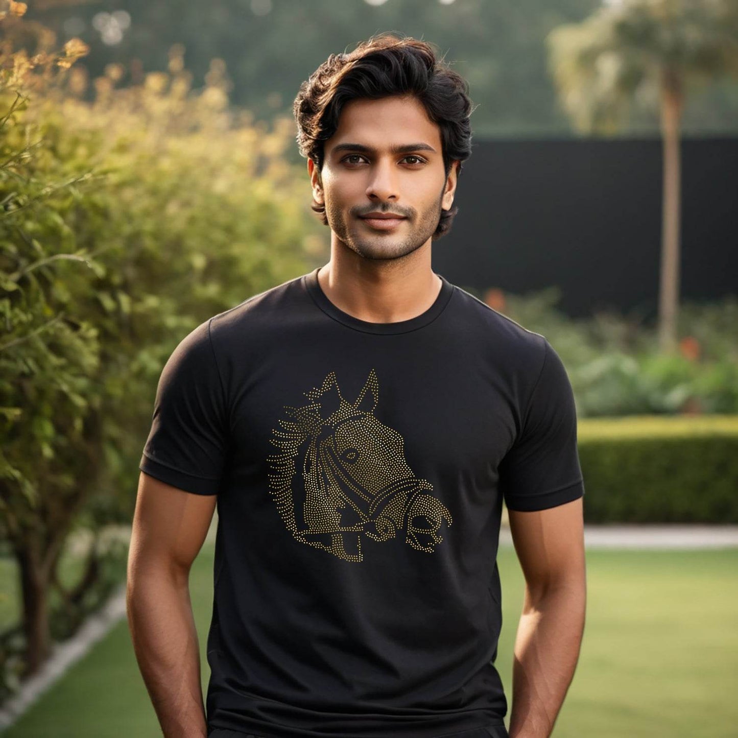GOLD SPANGLE HORSE - Unisex Round Neck Regular Fit 100% Combed Cotton Half Sleeve T-Shirt - Mojilo Mart