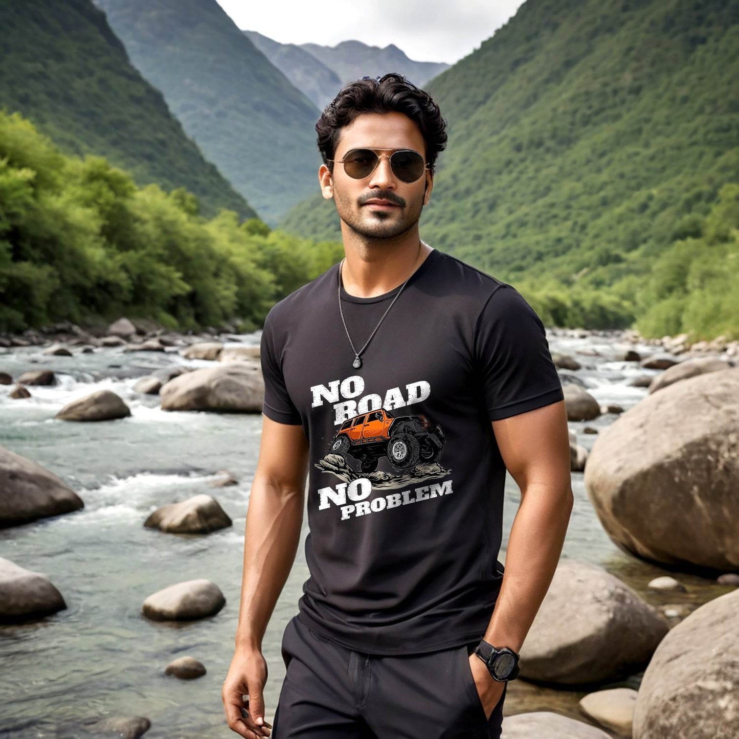 No Road No Problem - Unisex Round Neck Regular Fit 100% Combed Cotton Half Sleeve T-Shirt - Mojilo Mart