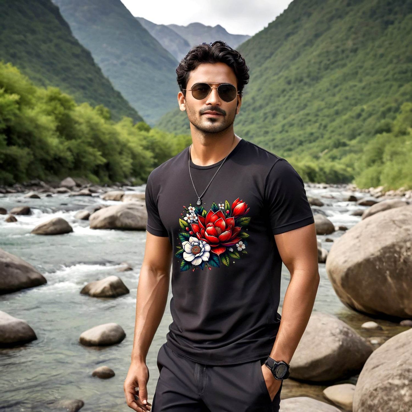 Colorful lotus flower design - Unisex Round Neck Regular Fit 100% Combed Cotton Half Sleeve T-Shirt - Mojilo Mart