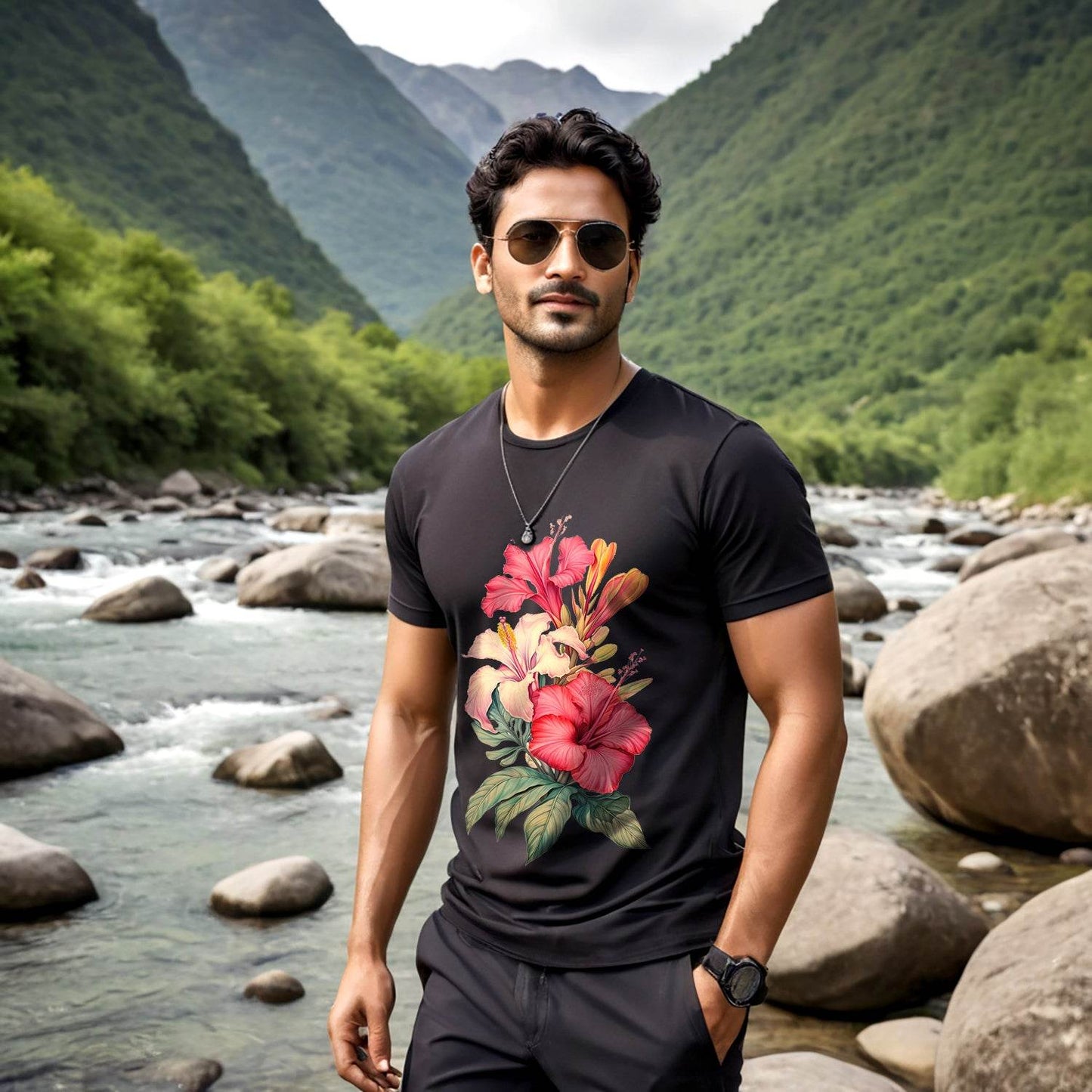 Hawaiian Flowers - Unisex Round Neck Regular Fit 100% Combed Cotton Half Sleeve T-Shirt - Mojilo Mart