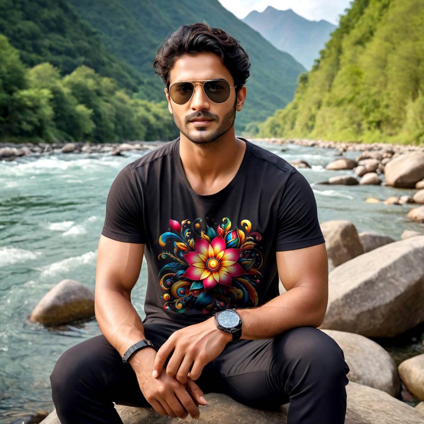 Colourful Beautiful Flowers Design - Unisex Round Neck Regular Fit 100% Combed Cotton Half Sleeve T-Shirt - Mojilo Mart