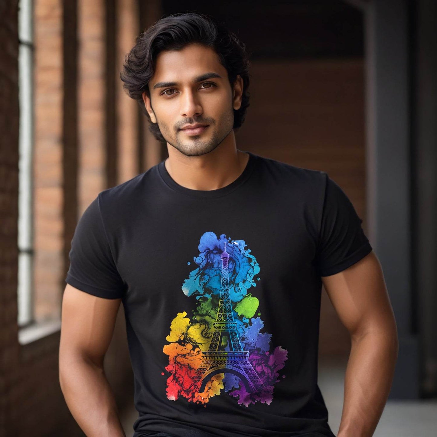 Paris Eiffel Tower Artistic Rainbow - Unisex Round Neck Regular Fit 100% Combed Cotton Half Sleeve T-Shirt - Mojilo Mart