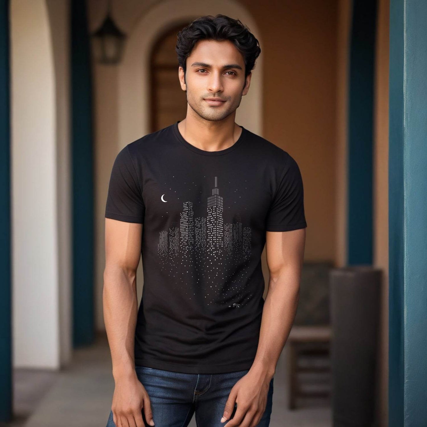 Night View Building - Unisex Round Neck Regular Fit 100% Combed Cotton Half Sleeve T-Shirt - Mojilo Mart