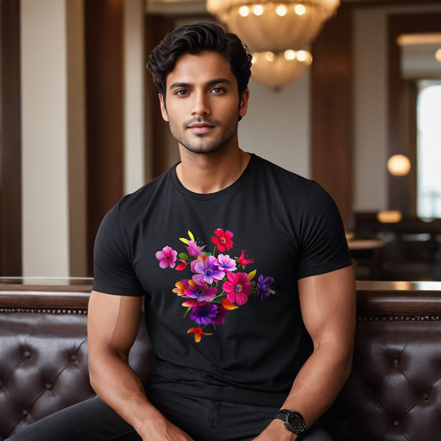Flower Colorful Artwork Nature - Unisex Round Neck Regular Fit 100% Combed Cotton Half Sleeve T-Shirt - Mojilo Mart