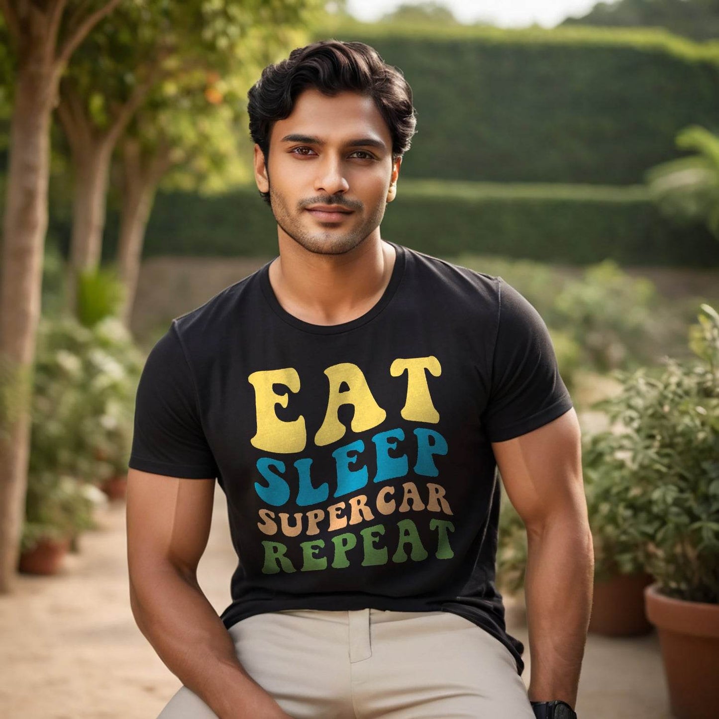 EAT SLLEP SUPER CAR REPEAT - Unisex Round Neck Regular Fit 100% Combed Cotton Half Sleeve T-Shirt - Mojilo Mart