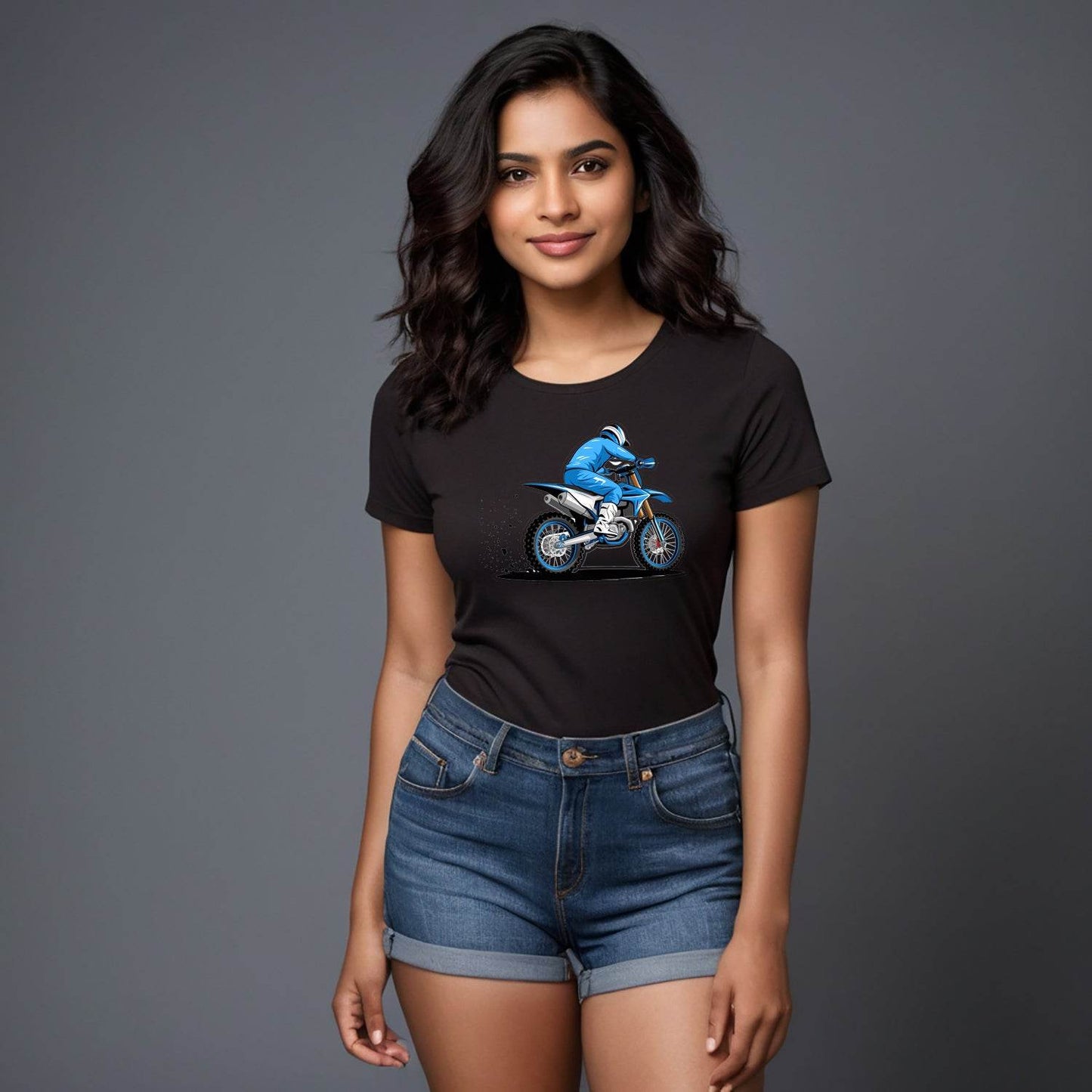 Motorcyclist In Blue And White Riding - Unisex Round Neck Regular Fit 100% Combed Cotton Half Sleeve T-Shirt - Mojilo Mart