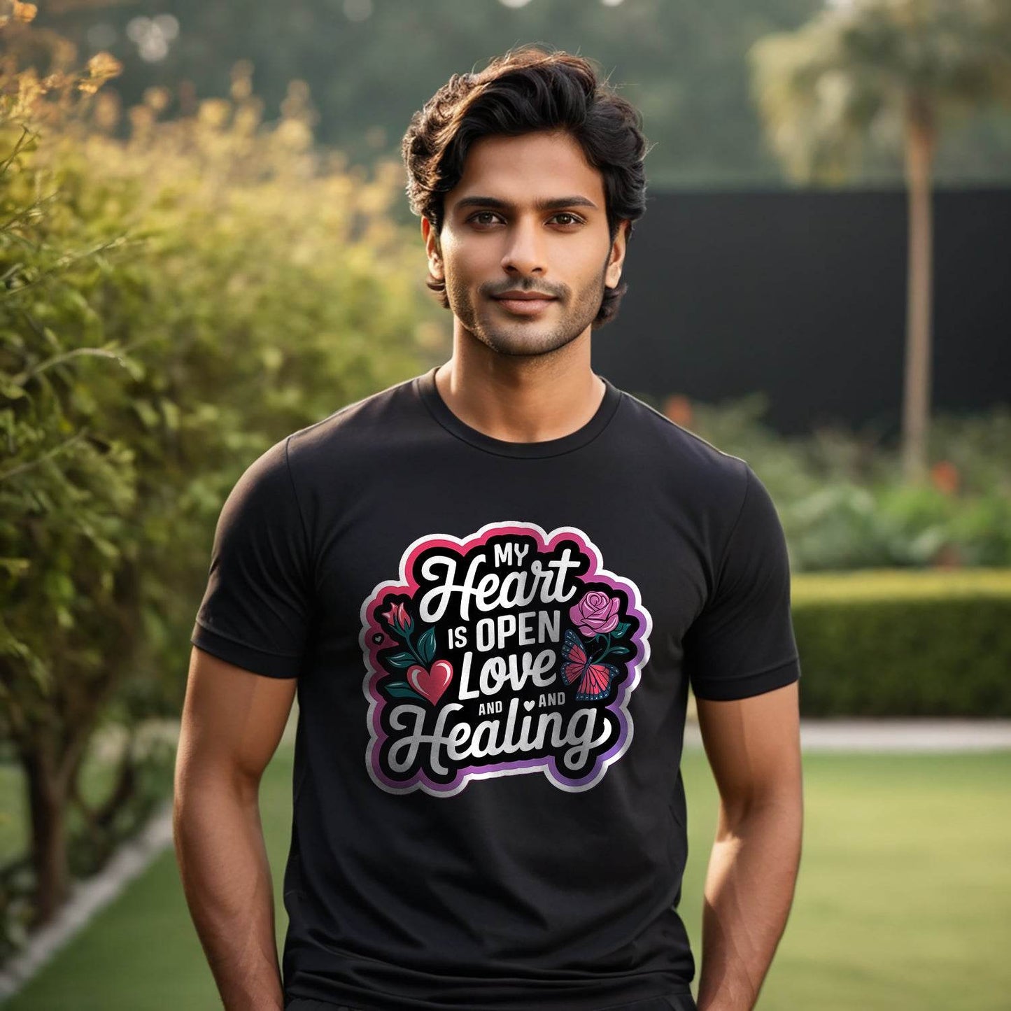 MY HEART IS OPEN LOVE AND HEALING - Unisex Round Neck Regular Fit 100% Combed Cotton Half Sleeve T-Shirt (Copy) - Mojilo Mart