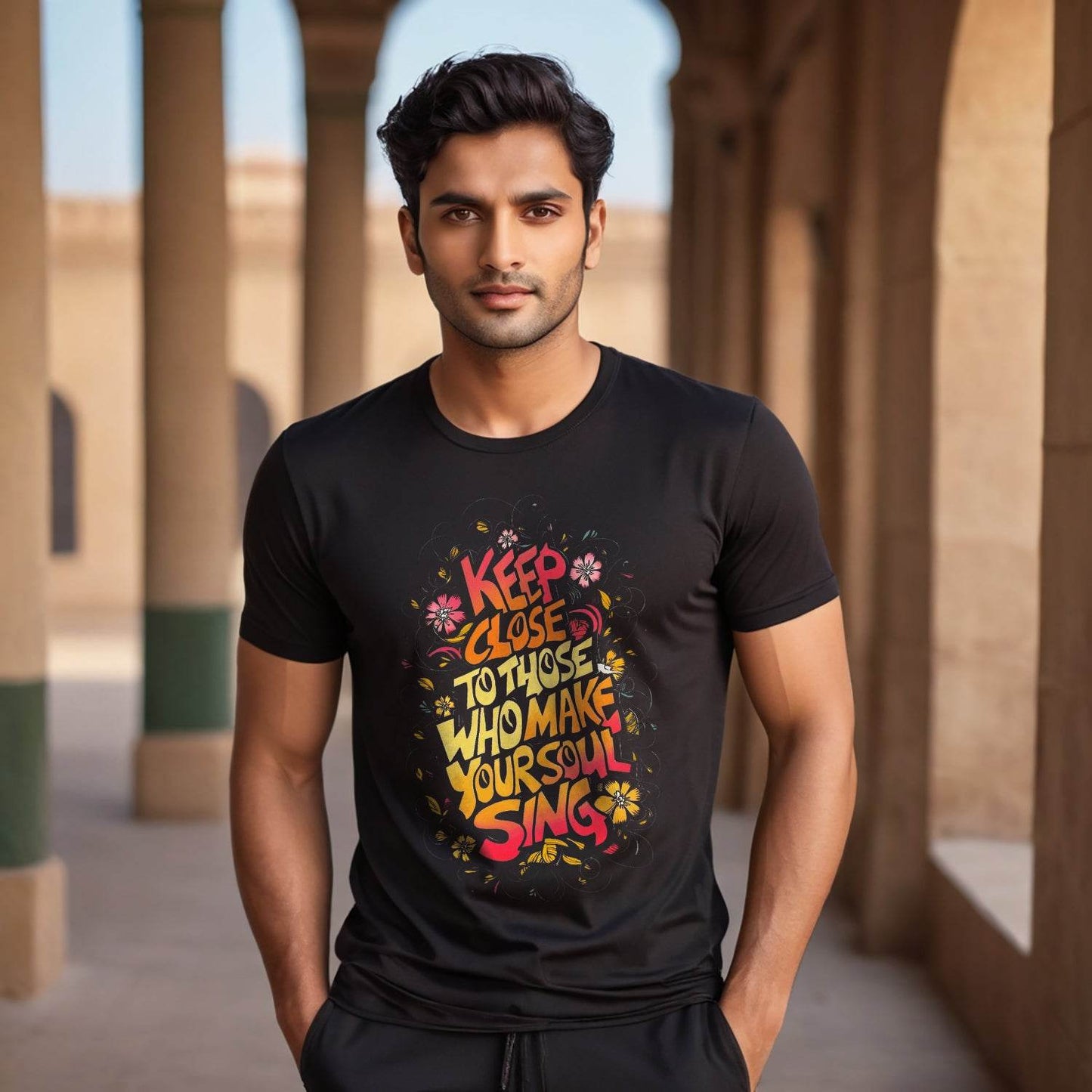 KEEP CLOSE TO THOSE WHO MAKE YOUR SOUL SING - Unisex Round Neck Regular Fit 100% Combed Cotton Half Sleeve T-Shirt - Mojilo Mart