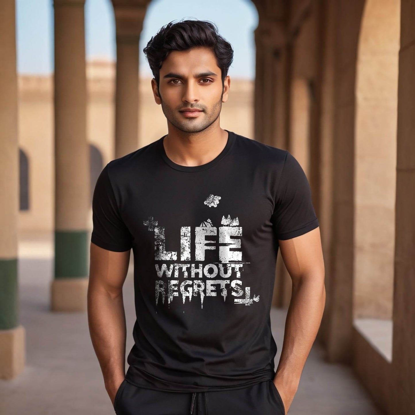 LIFE WITHOUT REGRETS - Unisex Round Neck Regular Fit 100% Combed Cotton Half Sleeve T-Shirt - Mojilo Mart