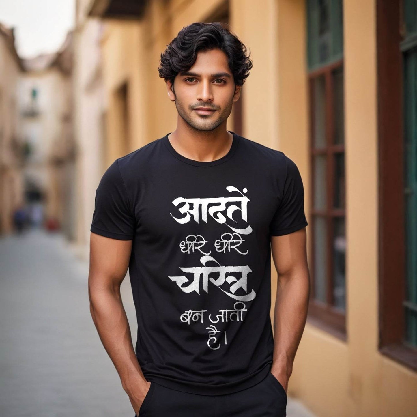 Aadate Dheere Dheere Charitra Ban Jati Hai - Unisex Round Neck Regular Fit 100% Combed Cotton Half Sleeve T-Shirt - Mojilo Mart