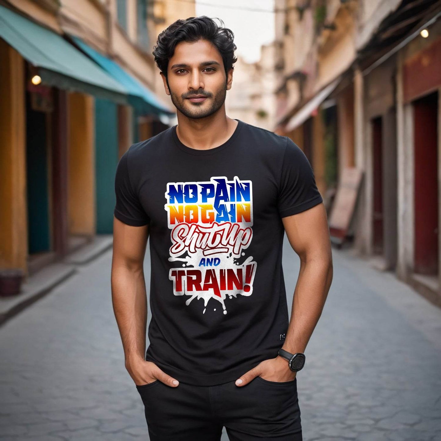 No Pain No Gain Shut Up And Train - Unisex Round Neck Regular Fit 100% Combed Cotton Half Sleeve T-Shirt - Mojilo Mart