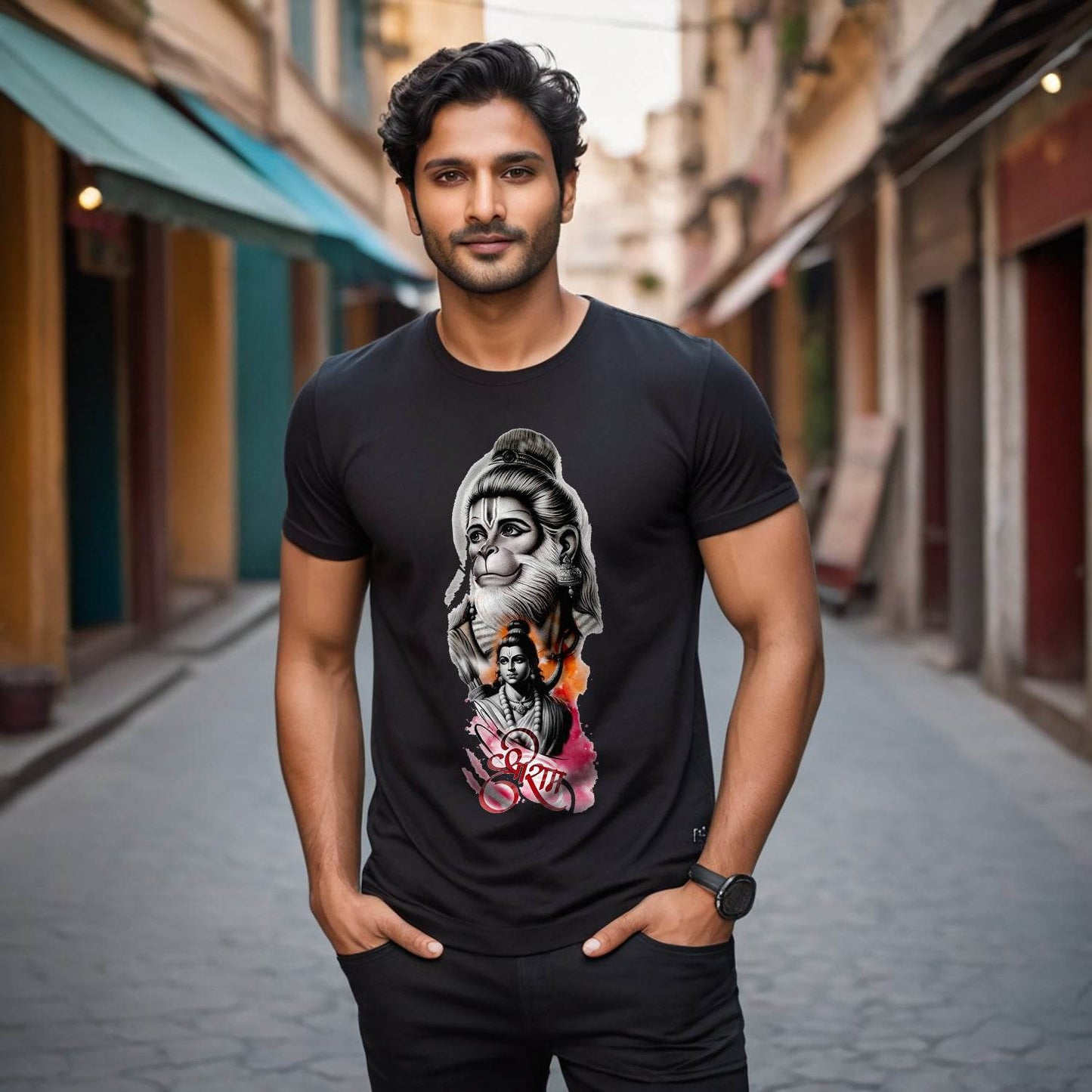 Shree Ram Hanuman Ji - Unisex Round Neck Regular Fit 100% Combed Cotton Half Sleeve T-Shirt - Mojilo Mart