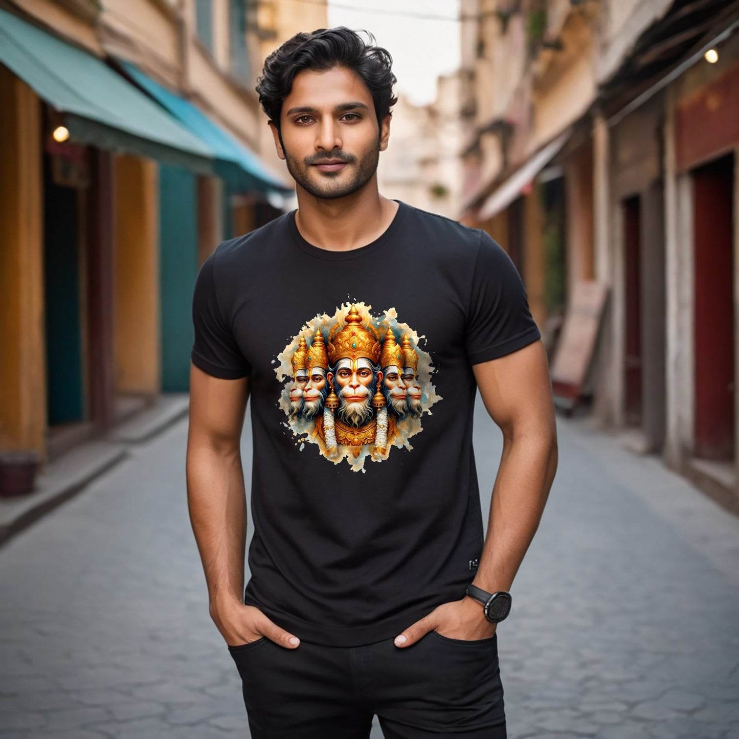 Punch Mukhi Hanuman Ji Five Face - Unisex Round Neck Regular Fit 100% Combed Cotton Half Sleeve T-Shirt - Mojilo Mart