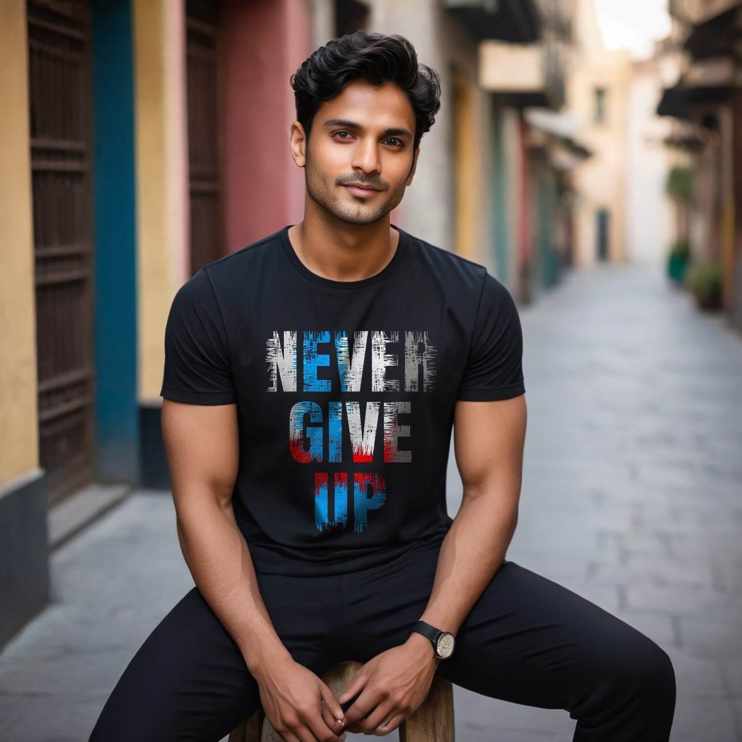 Never Give Up Print Design- Unisex Round Neck Regular Fit 100% Combed Cotton Half Sleeve T-Shirt - Mojilo Mart