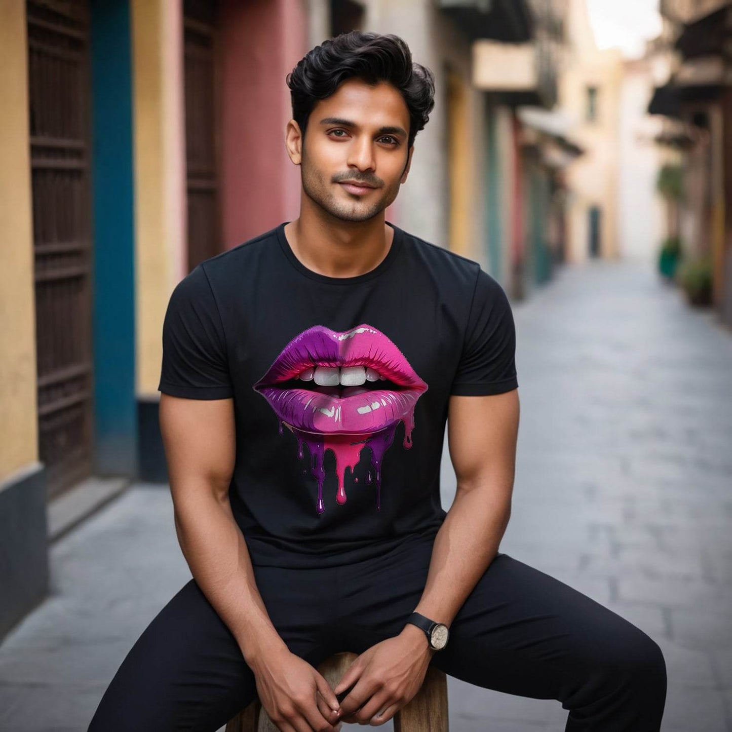 Purple and pink lips with a dripping liquid - Unisex Round Neck Regular Fit 100% Combed Cotton Half Sleeve T-Shirt - Mojilo Mart