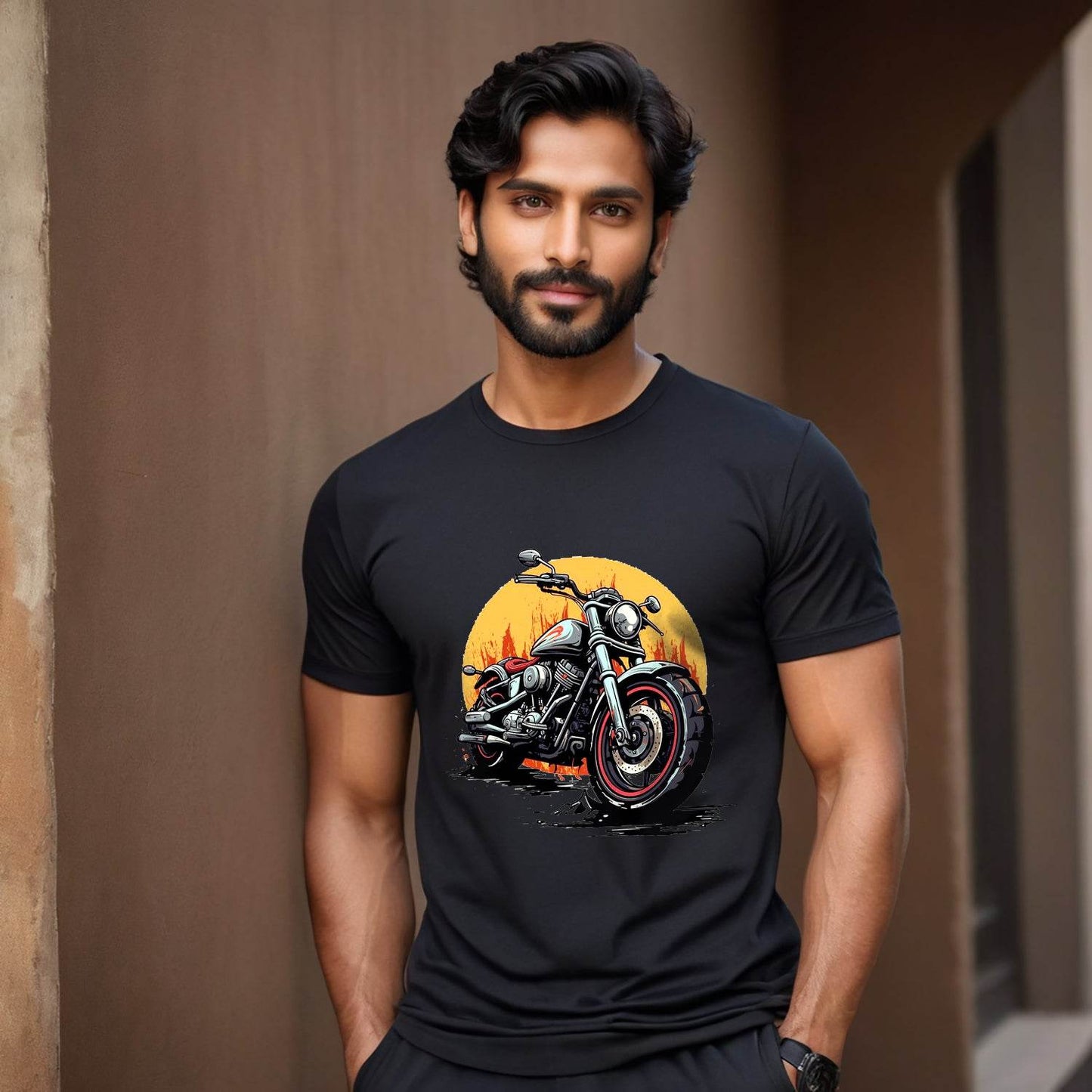 Motorcycle with a sunset - Unisex Round Neck Regular Fit 100% Combed Cotton Half Sleeve T-Shirt - Mojilo Mart