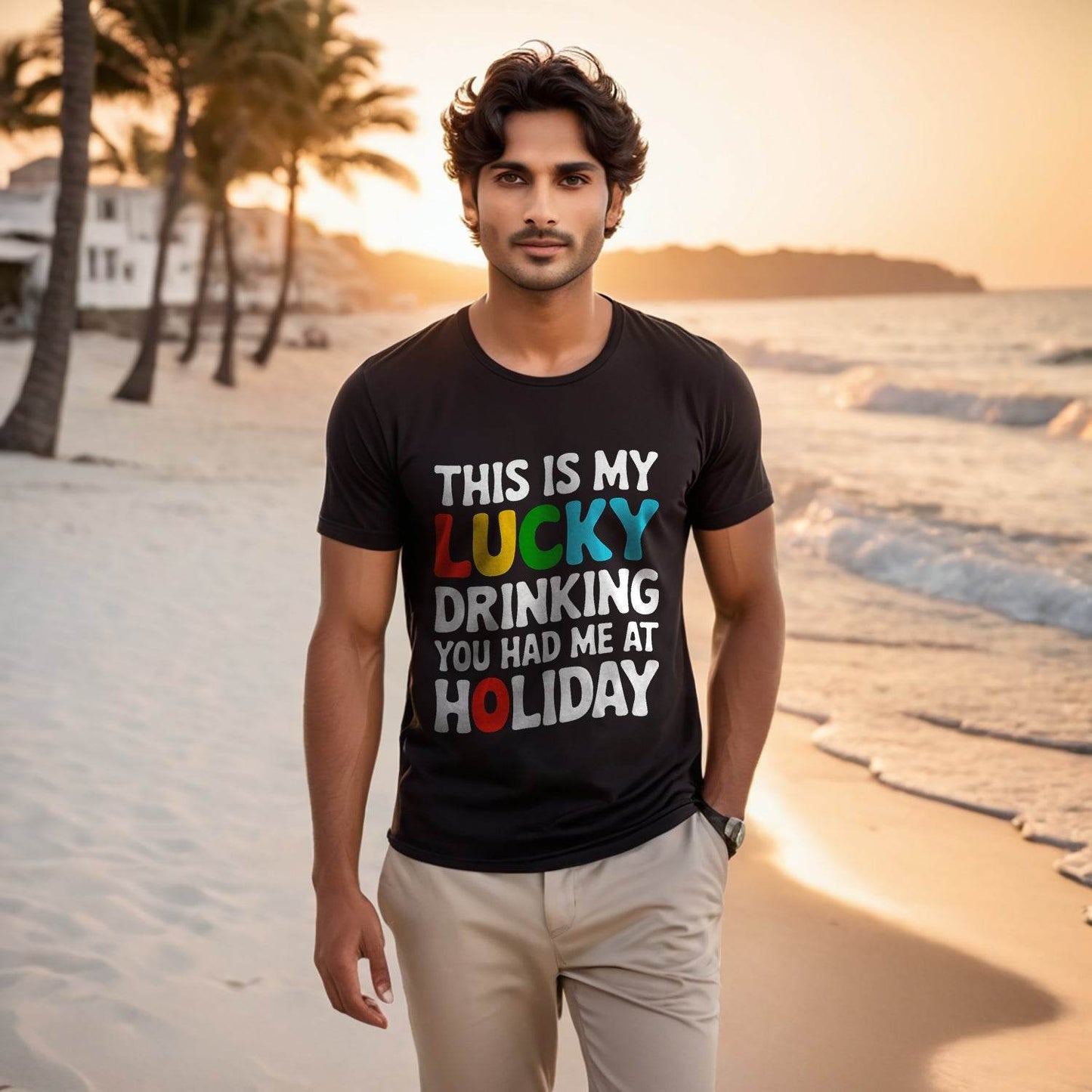 THIS IS MY LUCKY DRINKING YOU HAD ME AT HOLIDAY - Unisex Round Neck Regular Fit 100% Combed Cotton Half Sleeve T-Shirt - Mojilo Mart