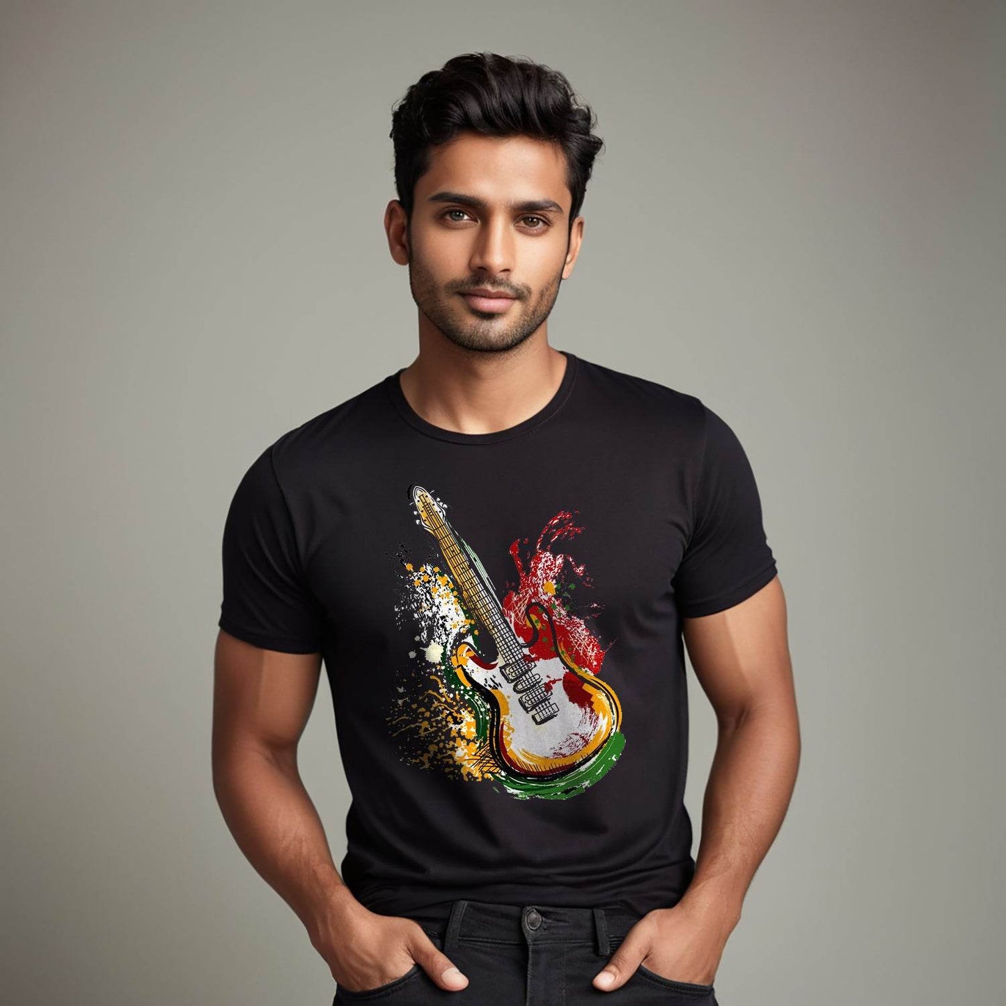Guitar Dripping Paint Effect - Unisex Round Neck Regular Fit 100% Combed Cotton Half Sleeve T-Shirt - Mojilo Mart
