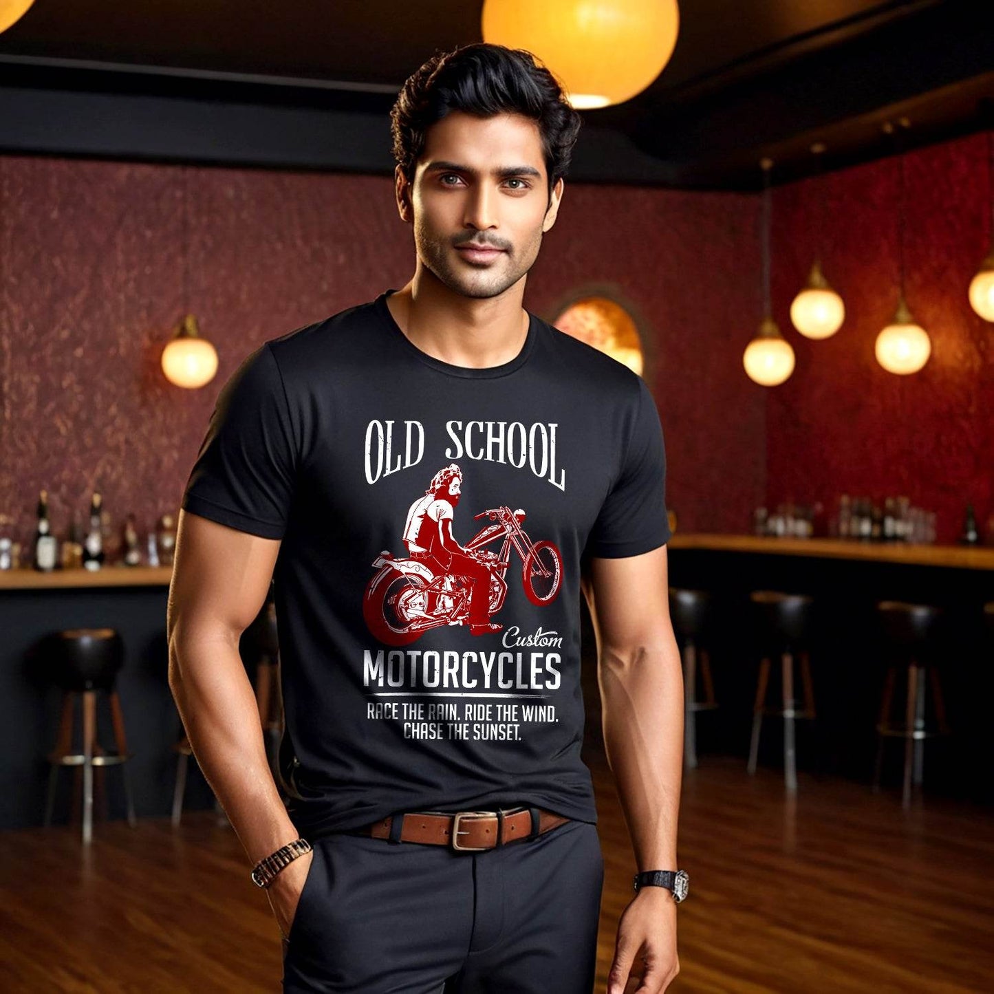 OLD SCHOOL Custom MOTORCYCLES RACE THE RAIN. RIDE THE WIND. CHASE THE SUNSET - Unisex Round Neck Regular Fit 100% Combed Cotton Half Sleeve T-Shirt - Mojilo Mart