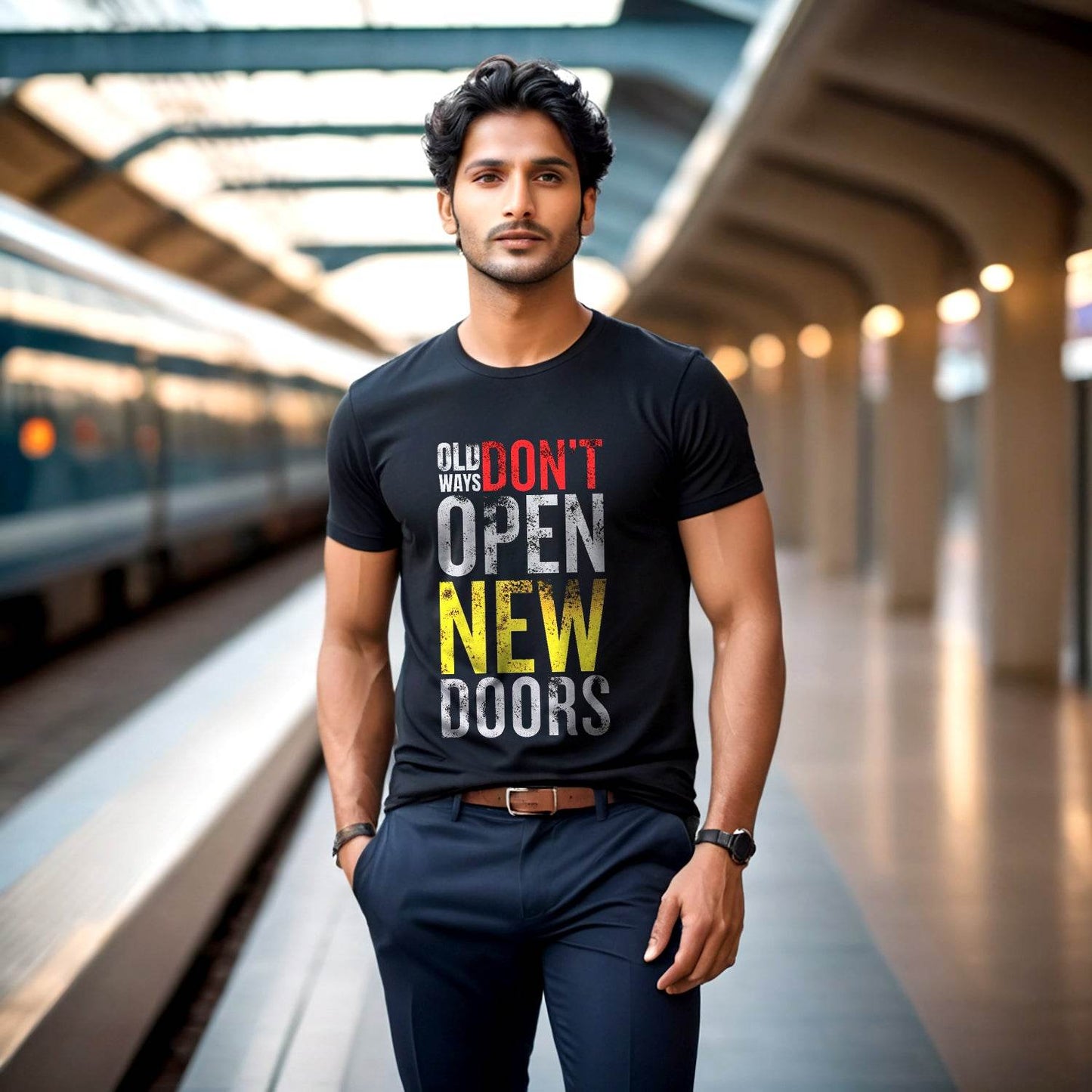 OLD DON'T OPEN NEW DOORS - Unisex Round Neck Regular Fit 100% Combed Cotton Half Sleeve T-Shirt - Mojilo Mart