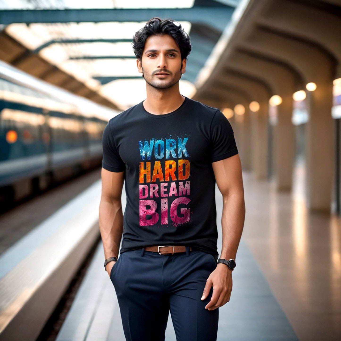 WORK HARD DREAM BIG PRINT - Unisex Round Neck Regular Fit 100% Combed Cotton Half Sleeve T-Shirt - Mojilo Mart