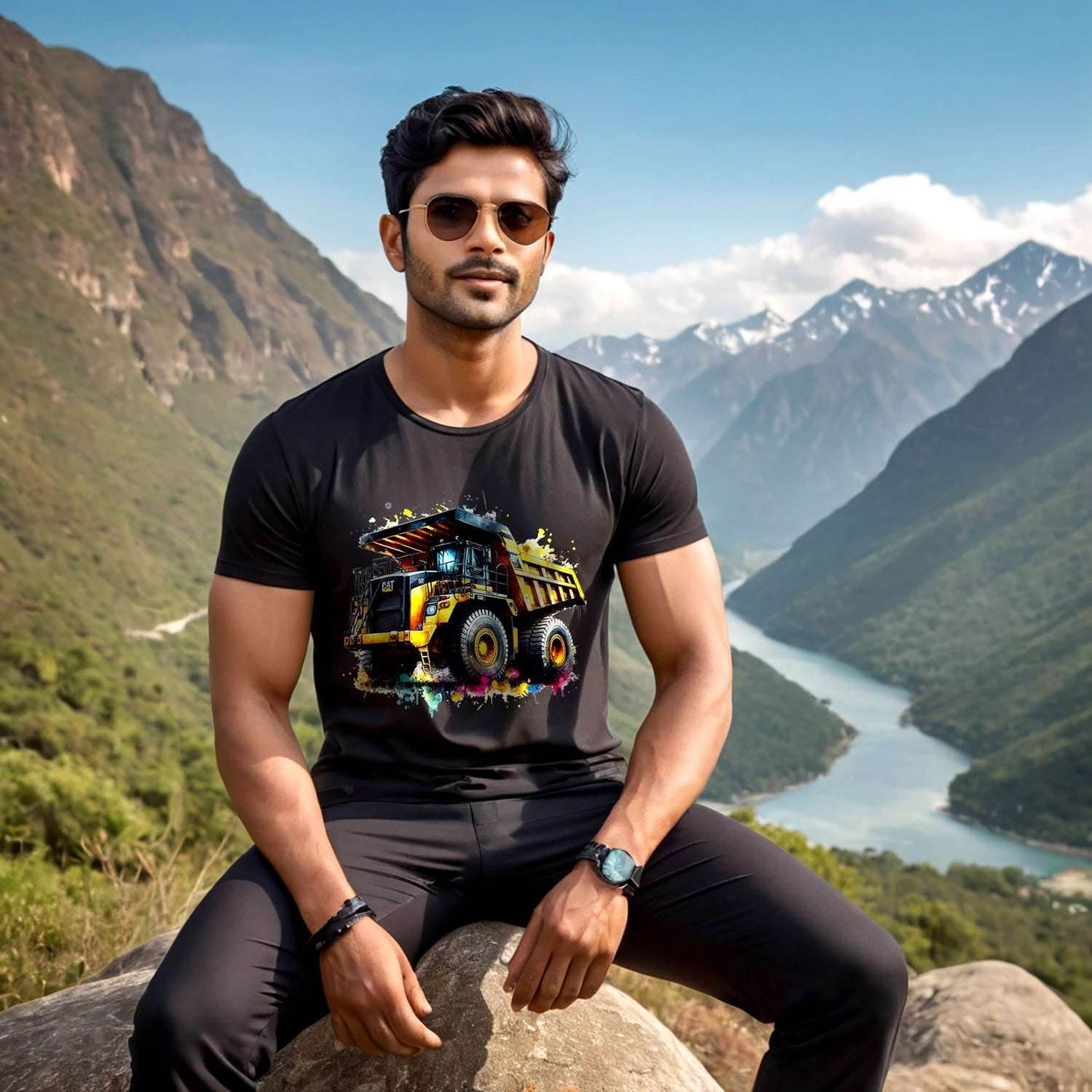 Mining Truck illustration in colorful - Unisex Round Neck Regular Fit 100% Combed Cotton Half Sleeve T-Shirt - Mojilo Mart