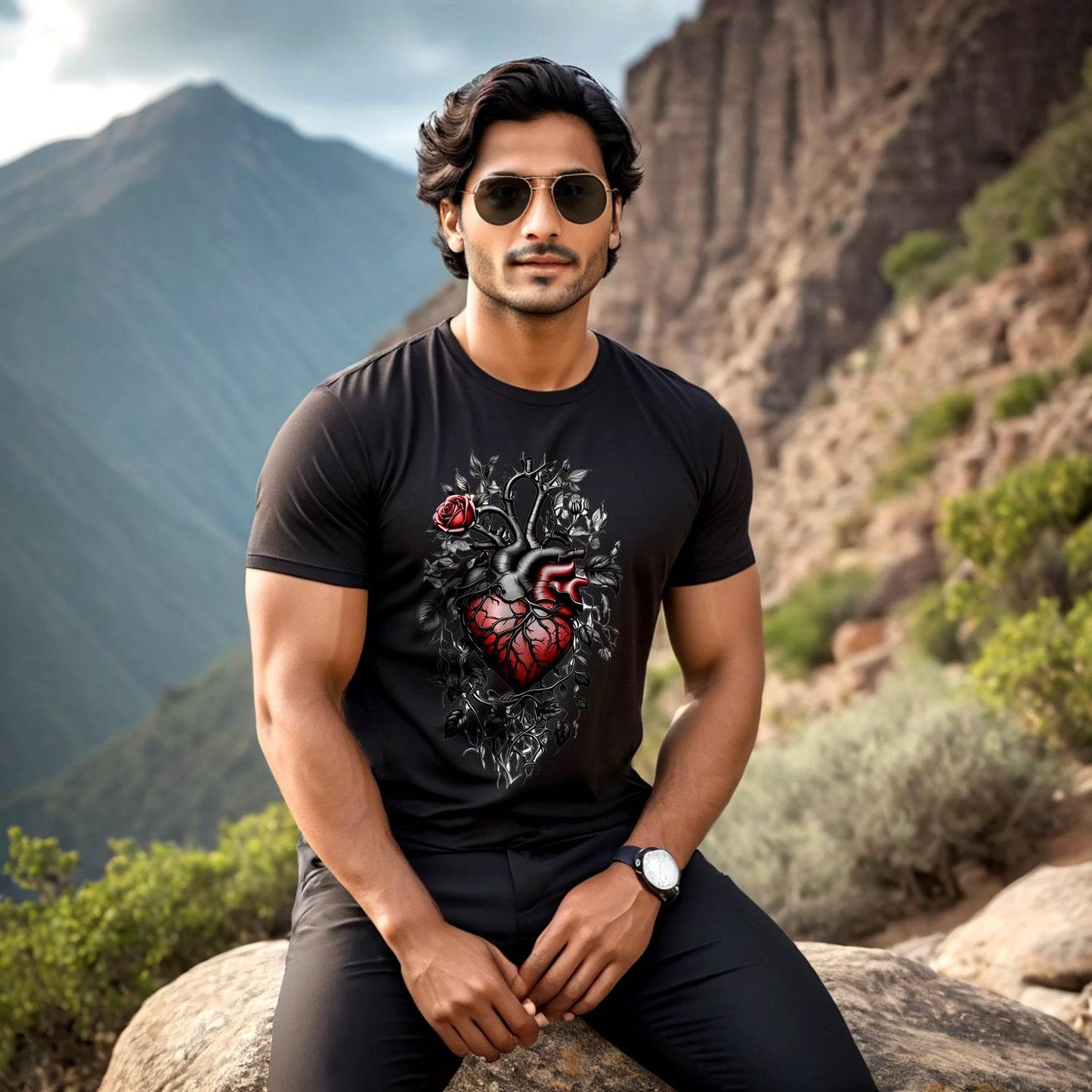 There is a heart with a skeleton and roses - Unisex Round Neck Regular Fit 100% Combed Cotton Half Sleeve T-Shirt - Mojilo Mart