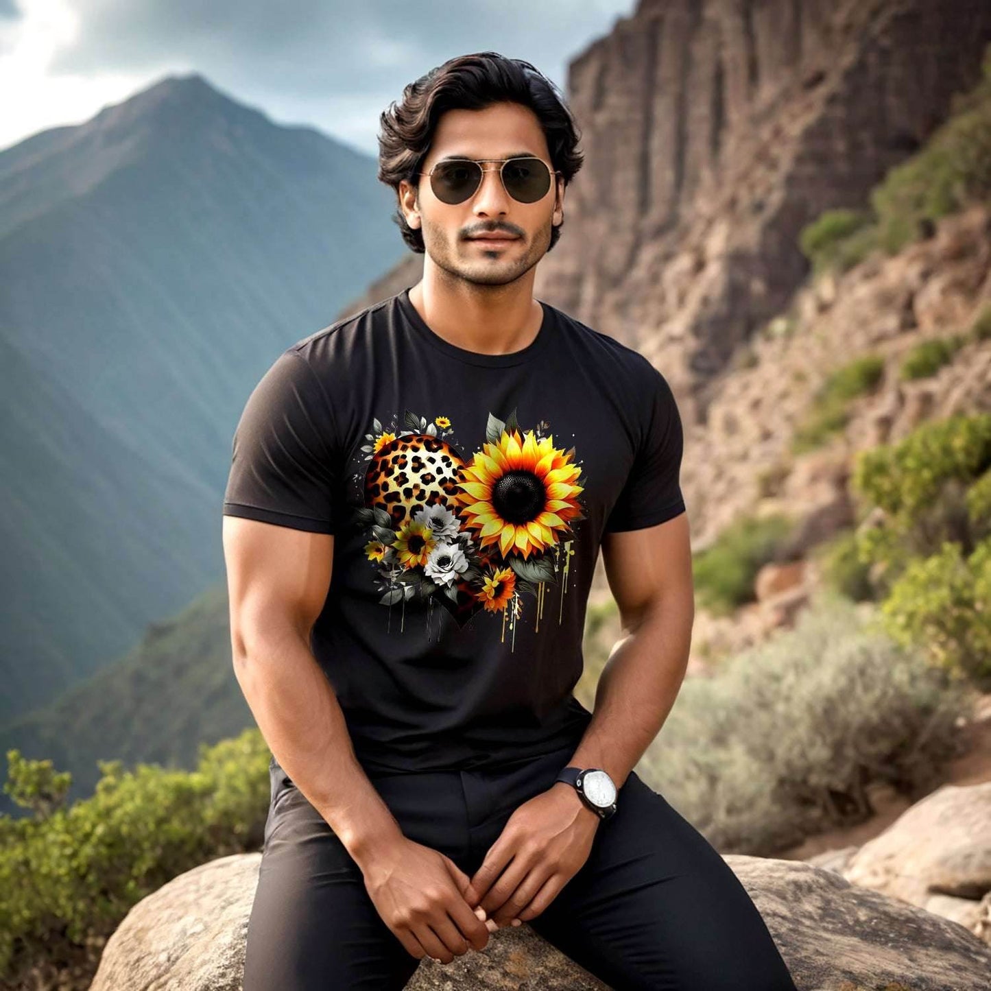 Leopard print heart design with sunflowers - Unisex Round Neck Regular Fit 100% Combed Cotton Half Sleeve T-Shirt - Mojilo Mart