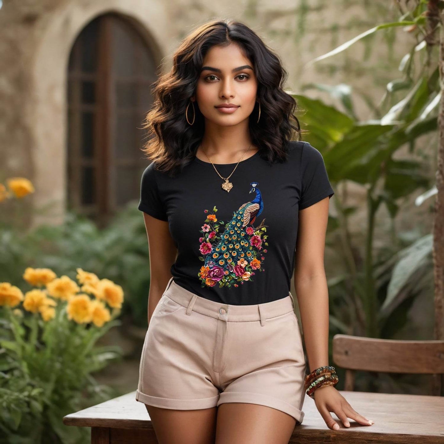 Floral Peacock Print Heavyweight - Unisex Round Neck Regular Fit 100% Combed Cotton Half Sleeve T-Shirt - Mojilo Mart