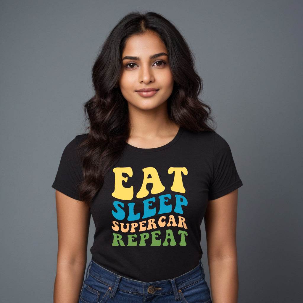 EAT SLLEP SUPER CAR REPEAT - Unisex Round Neck Regular Fit 100% Combed Cotton Half Sleeve T-Shirt - Mojilo Mart