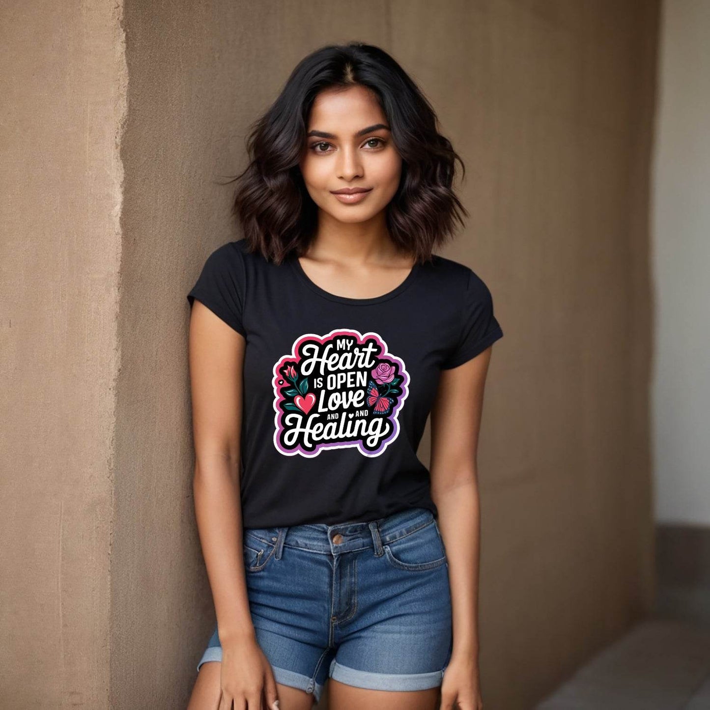 MY HEART IS OPEN LOVE AND HEALING - Unisex Round Neck Regular Fit 100% Combed Cotton Half Sleeve T-Shirt (Copy) - Mojilo Mart