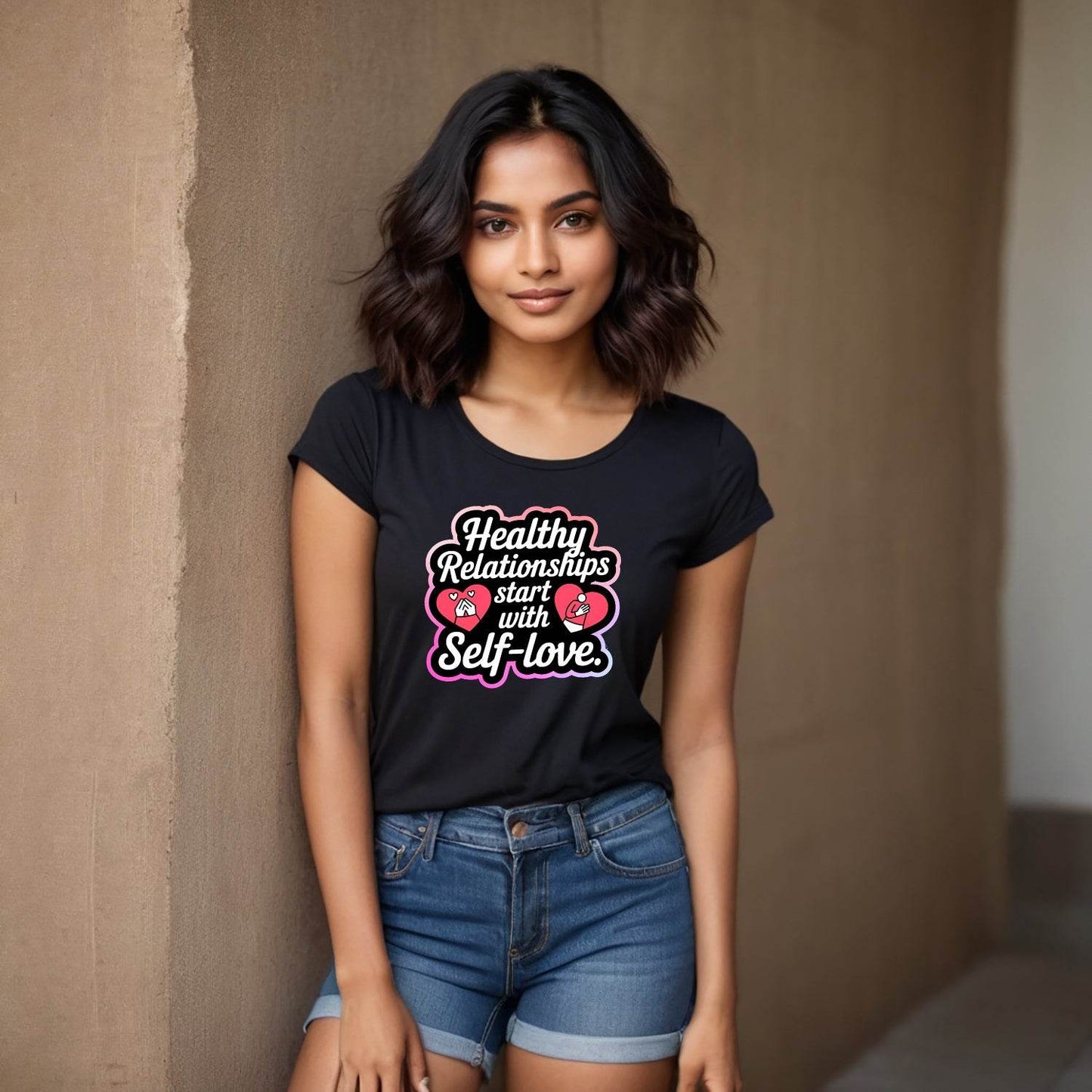 Healthy Relationships start with Self-love - Unisex Round Neck Regular Fit 100% Combed Cotton Half Sleeve T-Shirt - Mojilo Mart