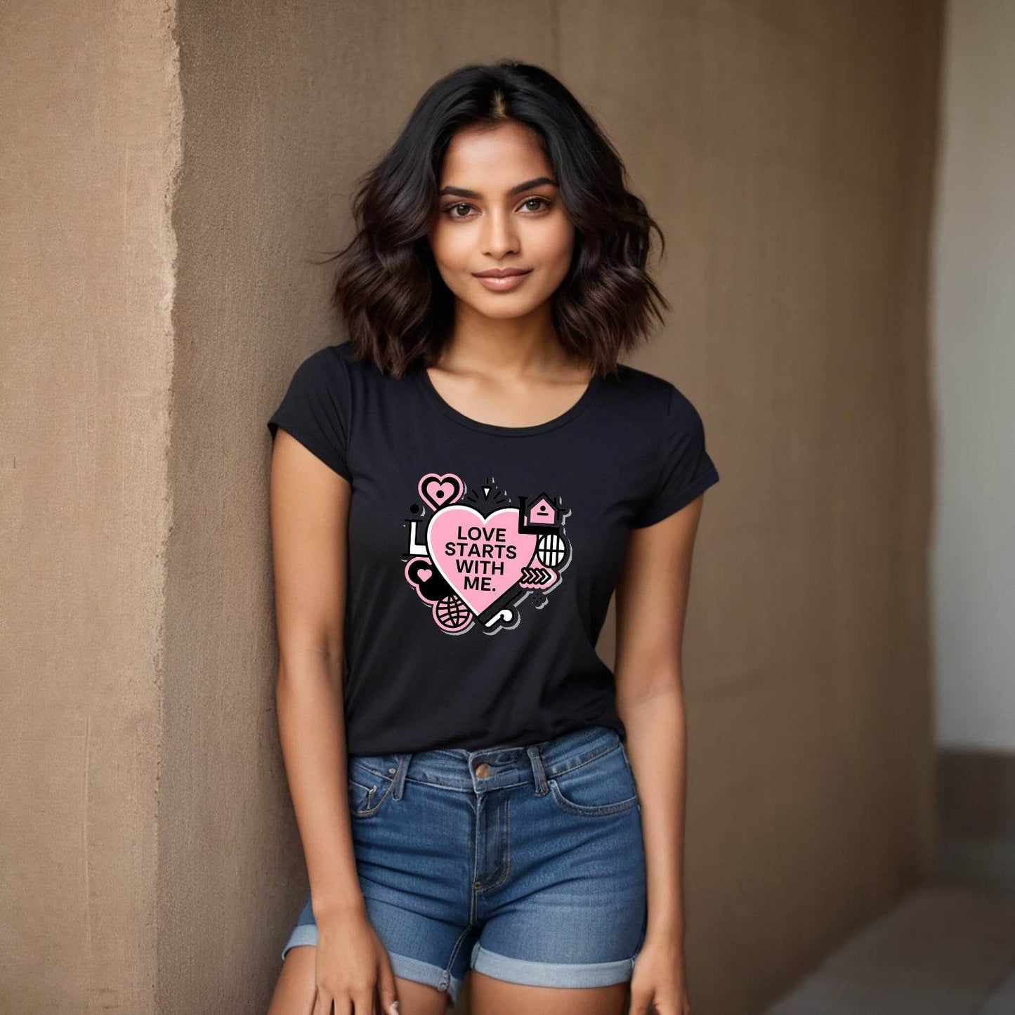 LOVE STARTS WITH ΜΕ - Unisex Round Neck Regular Fit 100% Combed Cotton Half Sleeve T-Shirt - Mojilo Mart
