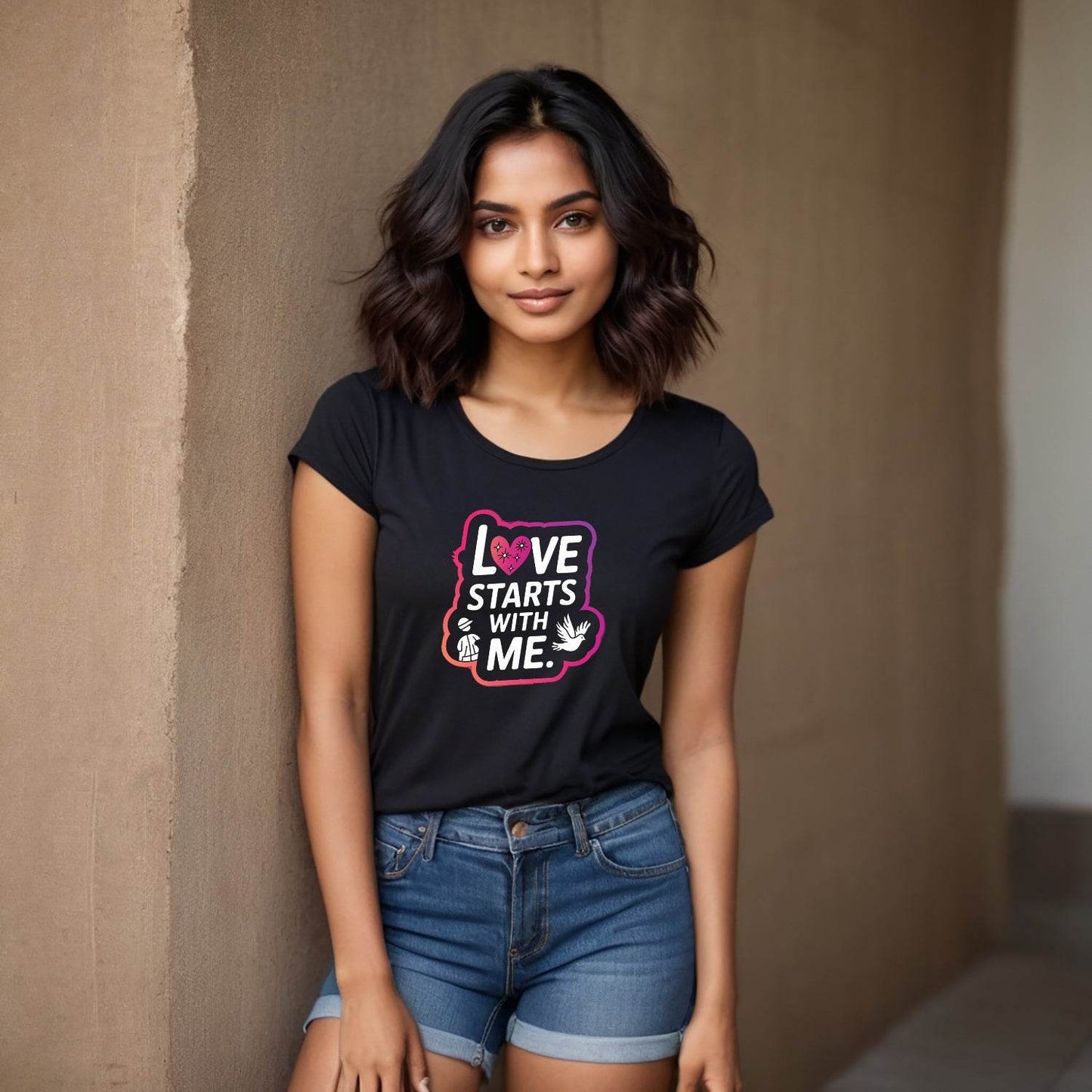LOVE'S STARTS WITH ΜΕ - Unisex Round Neck Regular Fit 100% Combed Cotton Half Sleeve T-Shirt - Mojilo Mart