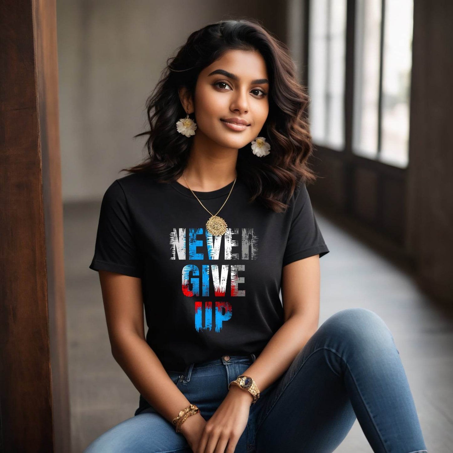 Never Give Up Print Design- Unisex Round Neck Regular Fit 100% Combed Cotton Half Sleeve T-Shirt - Mojilo Mart