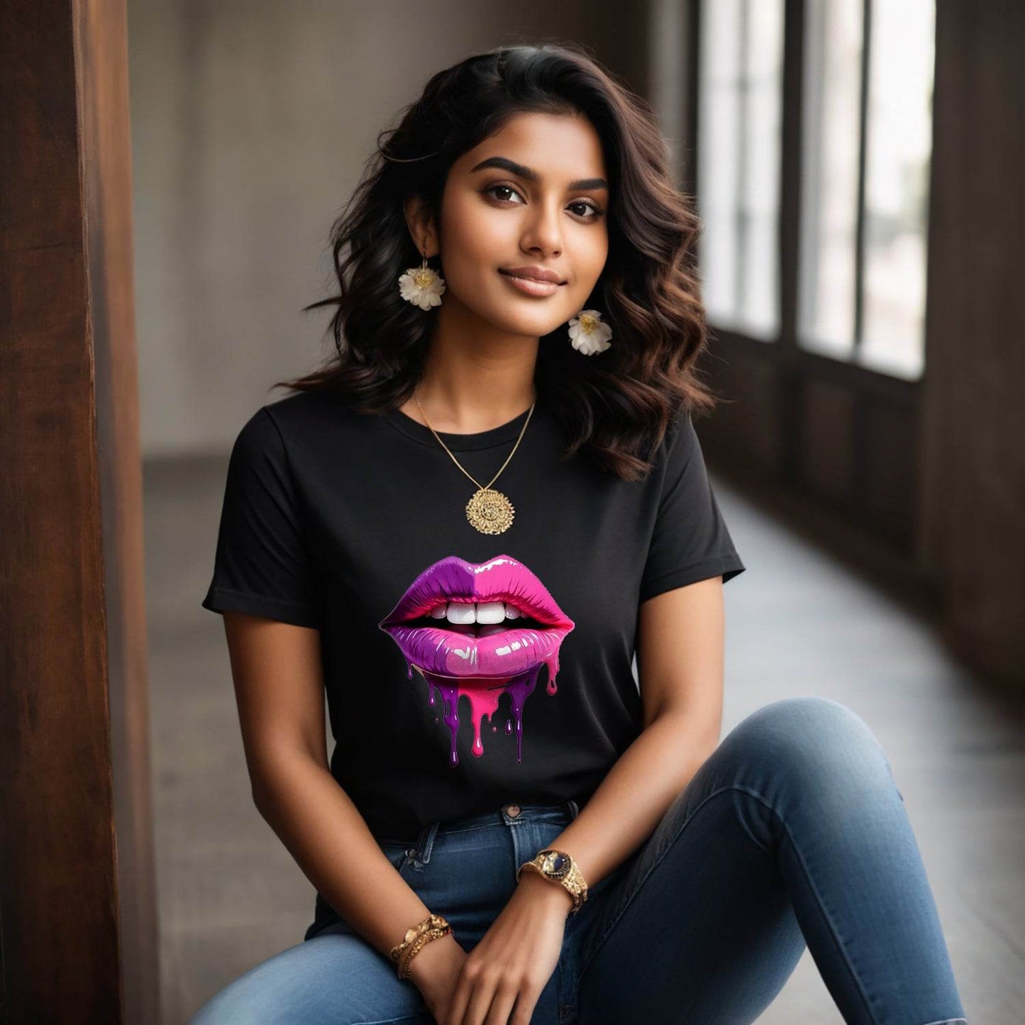 Purple and pink lips with a dripping liquid - Unisex Round Neck Regular Fit 100% Combed Cotton Half Sleeve T-Shirt - Mojilo Mart