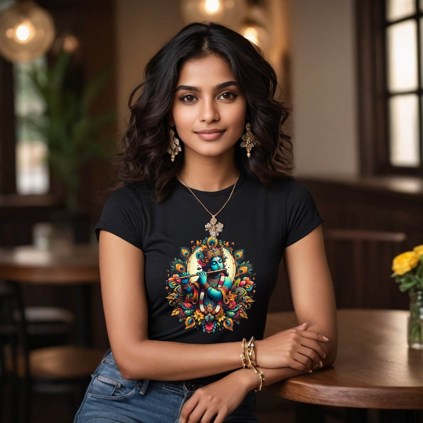 Serene Krishna Art Work - Unisex Round Neck Regular Fit 100% Combed Cotton Half Sleeve T-Shirt - Mojilo Mart