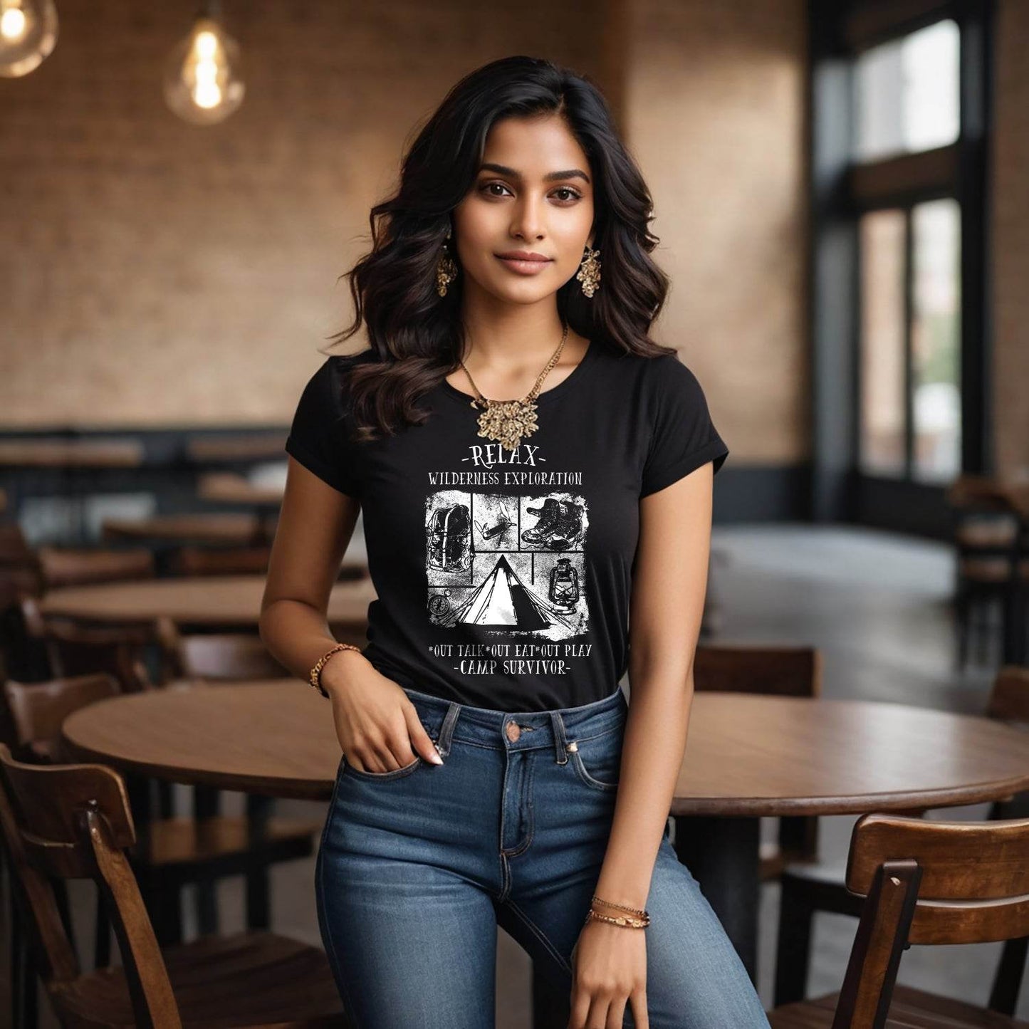 RELAX WILDERNESS EXPLORATION OUT TALK OUT EAT OUT PLAY CAMP SURVIVOR - Unisex Round Neck Regular Fit 100% Combed Cotton Half Sleeve T-Shirt - Mojilo Mart