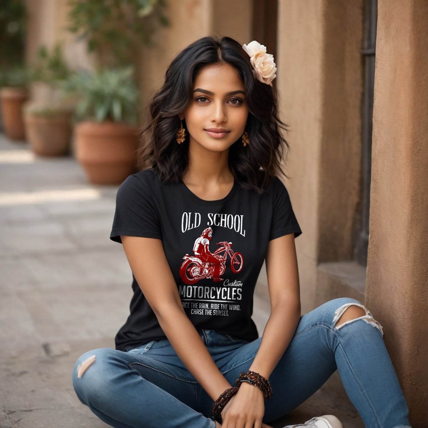 OLD SCHOOL Custom MOTORCYCLES RACE THE RAIN. RIDE THE WIND. CHASE THE SUNSET - Unisex Round Neck Regular Fit 100% Combed Cotton Half Sleeve T-Shirt - Mojilo Mart
