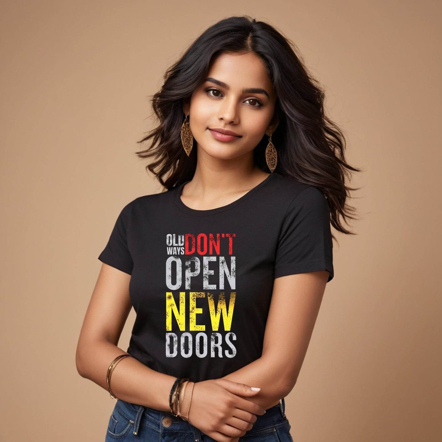 OLD DON'T OPEN NEW DOORS - Unisex Round Neck Regular Fit 100% Combed Cotton Half Sleeve T-Shirt - Mojilo Mart