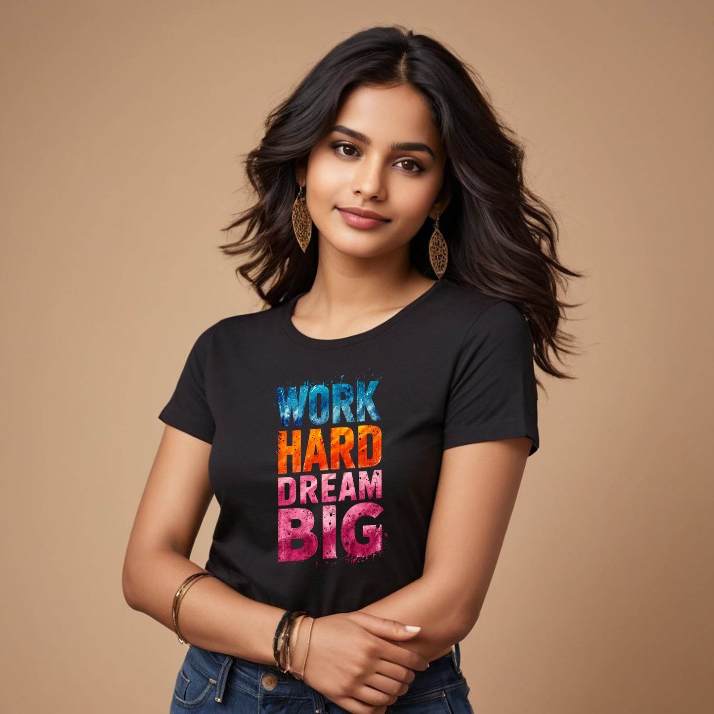 WORK HARD DREAM BIG PRINT - Unisex Round Neck Regular Fit 100% Combed Cotton Half Sleeve T-Shirt - Mojilo Mart