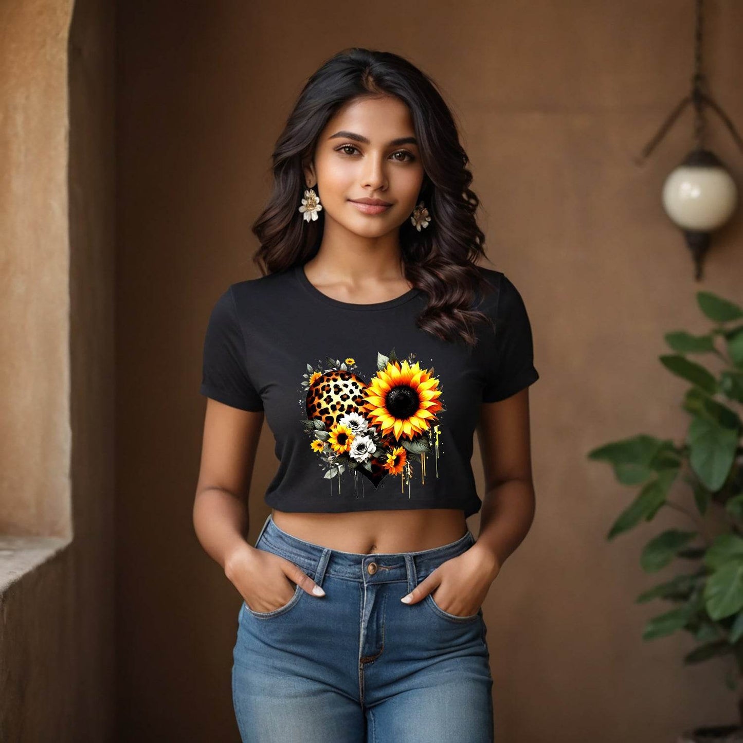 Leopard print heart design with sunflowers - Unisex Round Neck Regular Fit 100% Combed Cotton Half Sleeve T-Shirt - Mojilo Mart