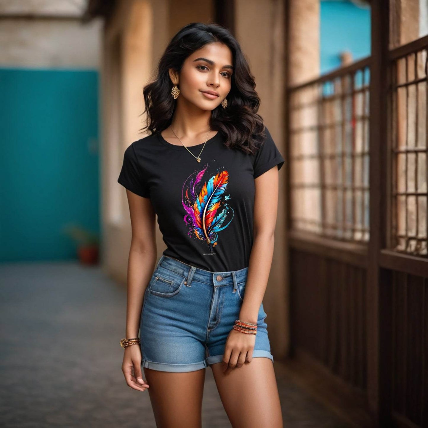 Feather pen drawing a colorful line Photographic - Unisex Round Neck Regular Fit 100% Combed Cotton Half Sleeve T-Shirt - Mojilo Mart